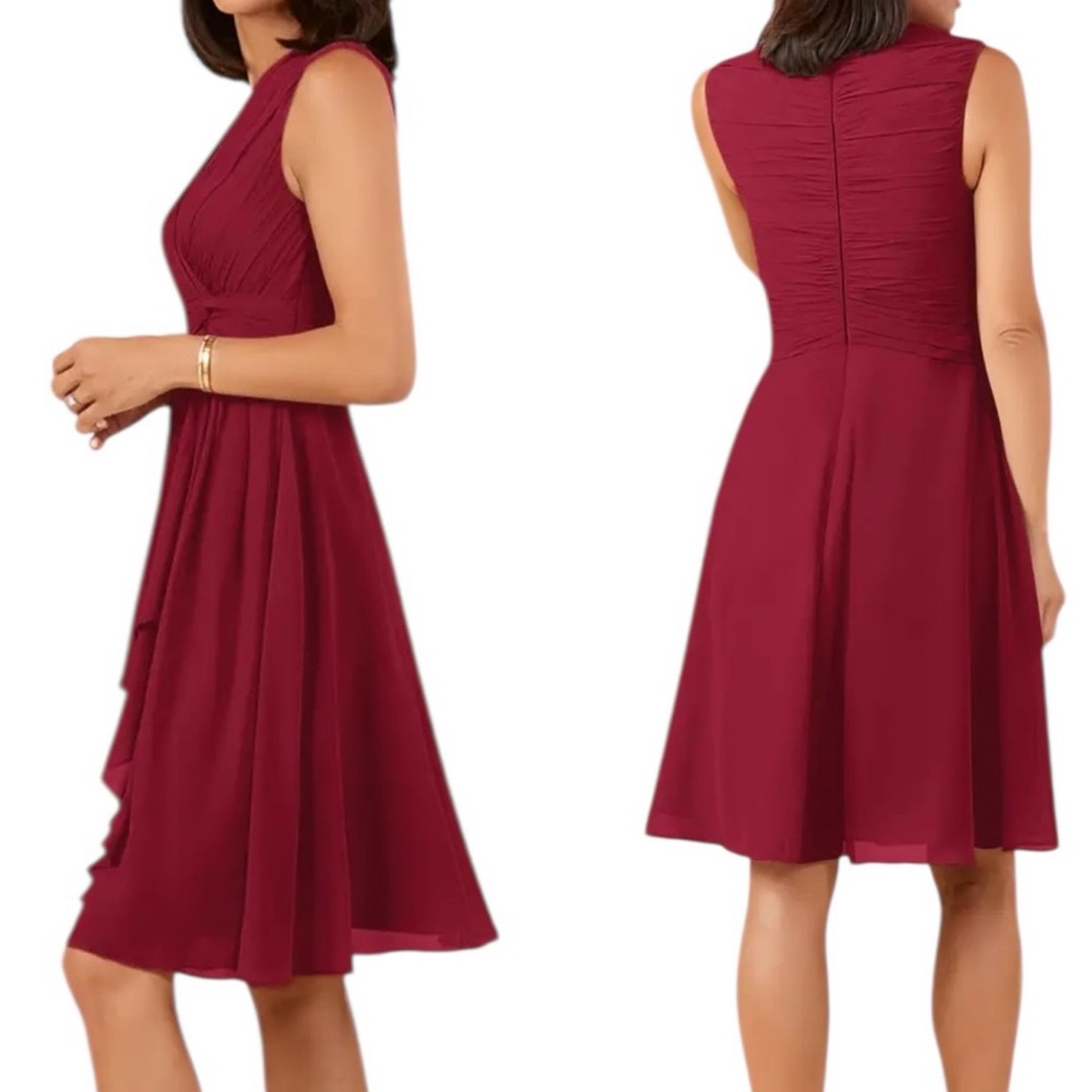 Azazie Burgundy Red Cocktail Dress Pleated Chiffon V-Neck A-Line Size S/M